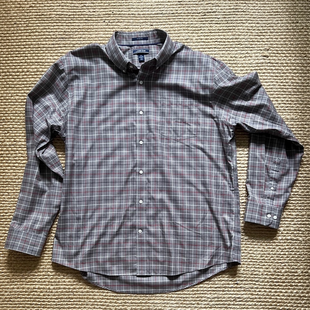 Men’s Lands’ End Gray Plaid Button-Down Shirt